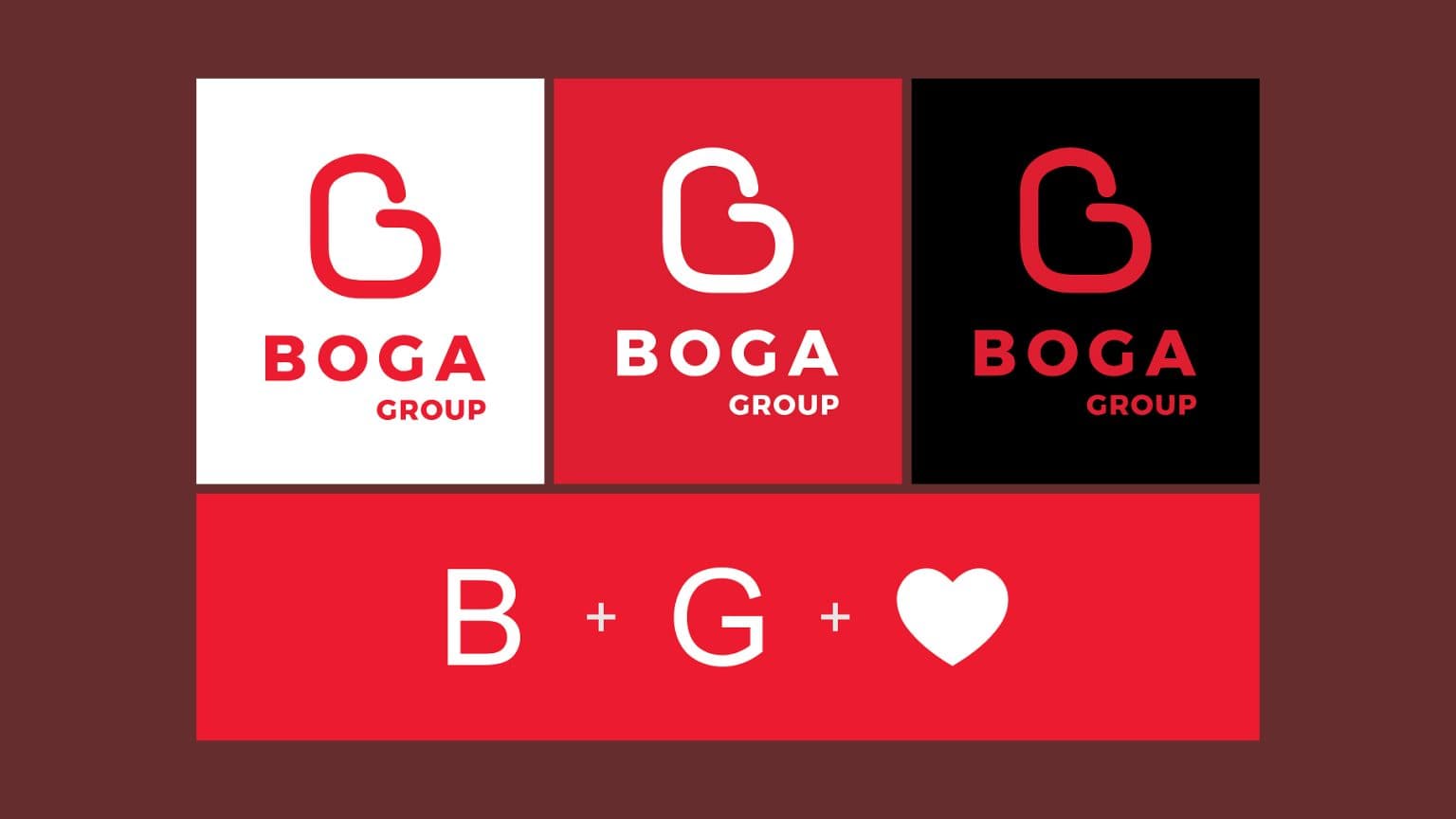 Boga Group logo in three colourways, B + G + heart concept