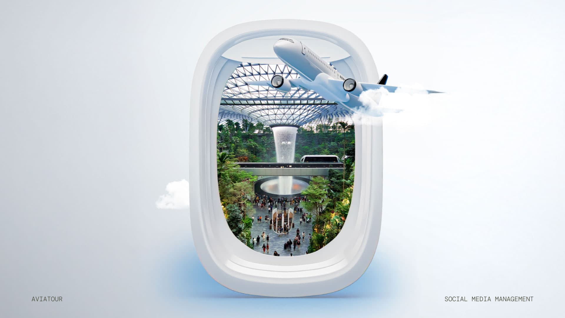 Aviatour key visual, aircraft window onto Singapore Jewel