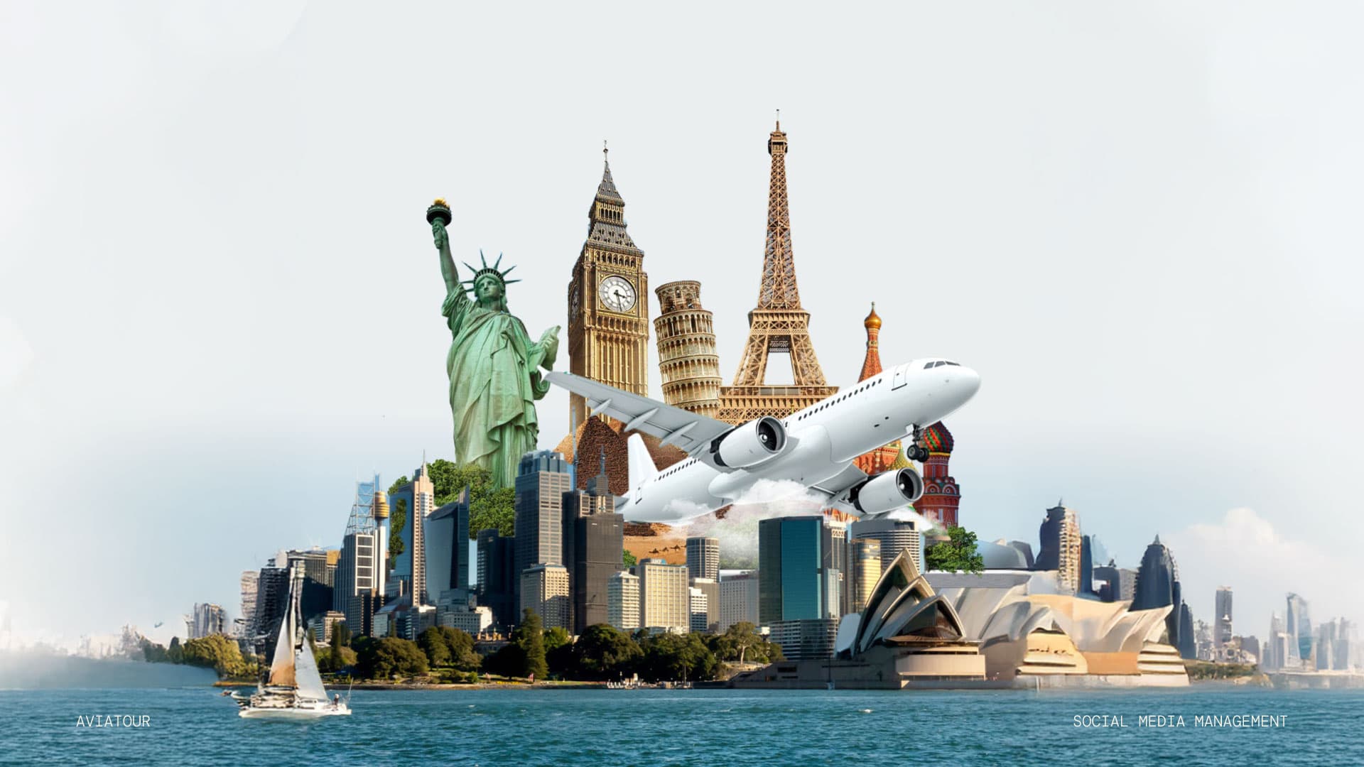 Aviatour key visual, world landmarks and an aircraft